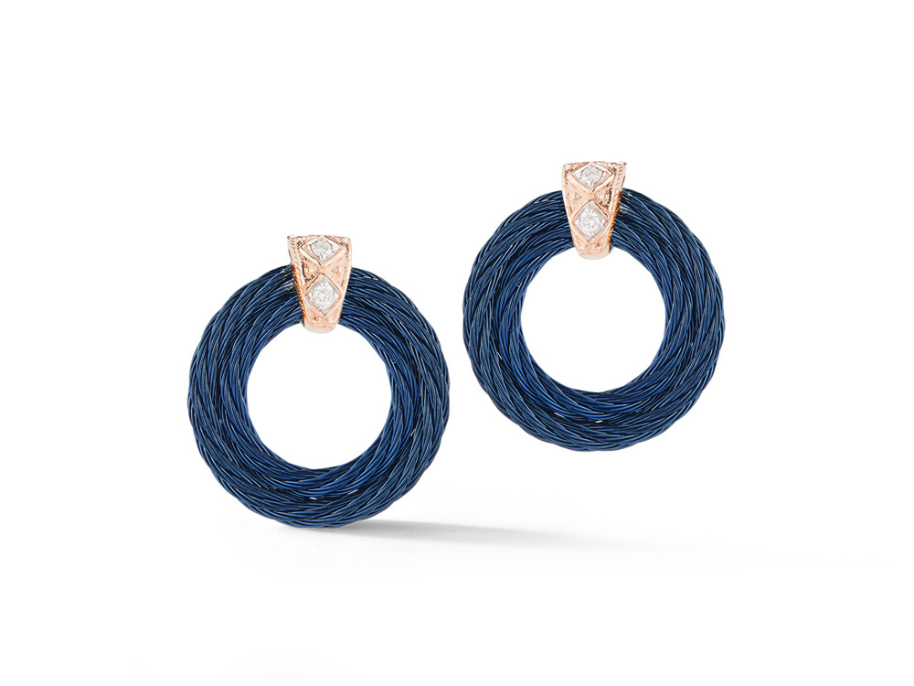White Gold Blueberry Nautical Cable Two Row Circle Drop Earrings With Round Diamonds Weighing 0.03cttw