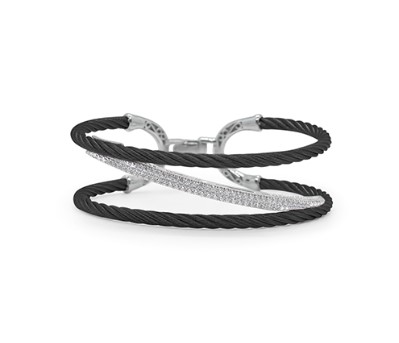 [04-52-1201-11] 18Kt White Gold Black Nautical Cable Slanted Station Bracelet With Round Diamonds Weighing 0.49cttw