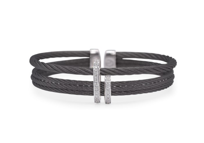 [04-52-1312-11] 18Kt White Gold Black Nautical Cable Cuff Bracelet With Round Diamonds Weighing 0.19cttw