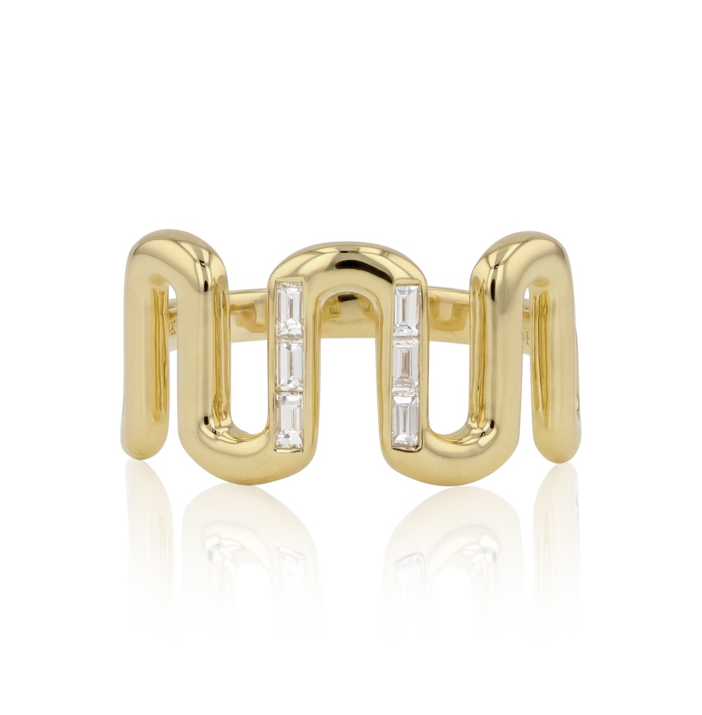 14Kt Yellow Gold Squiggle Ring With 6 Baguette Diamonds Weighing 0.17cttw