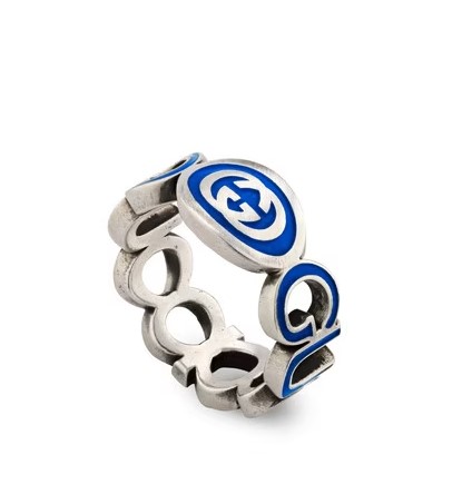Sterling Silver 9mm Interlocking GG Ring With Blue Enamel