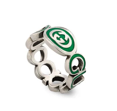 Sterling Silver 9mm Interlocking GG Green Enamel Ring