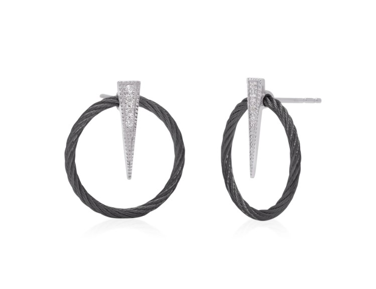 18Kt White Gold Black Nautical Cable Circle Drop Earrings With Round Diamonds Weighing 0.07cttw