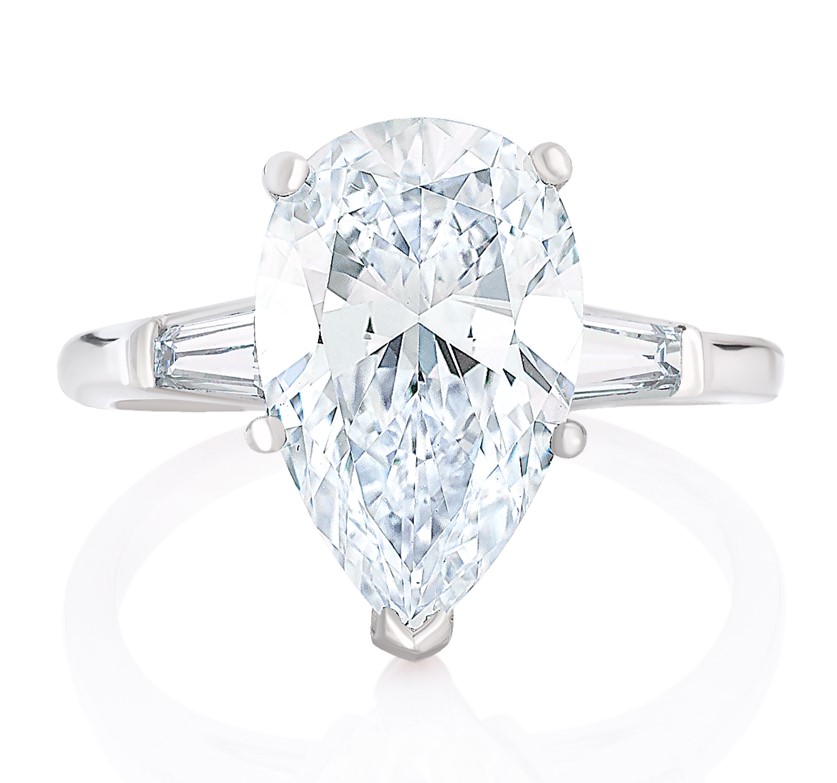 Platinum Three Stone Ring With A Pear Shaped Diamond Weighing 4.25ct And 2 Tapered Baguette Side Stones Weighing 0.35ct H-I/SI1-VS2