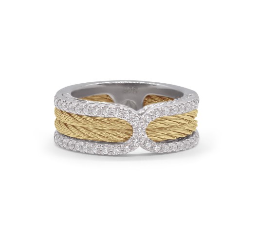 18Kt White Gold Yellow Nautical Cable Ring With 43 Round Diamonds Weighing 0.36cttw