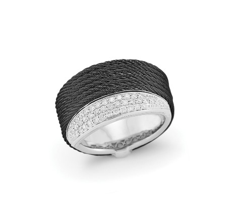 18Kt White Gold Black Nautical Cable Ring With 43 Round Diamonds Weighing 0.36cttw