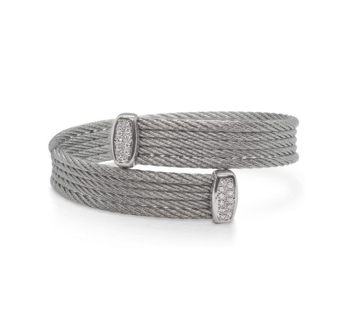18Kt White Gold Grey Nautical Cable Wrap Bracelet With 22 Round Diamonds Weighing 0.18cttw