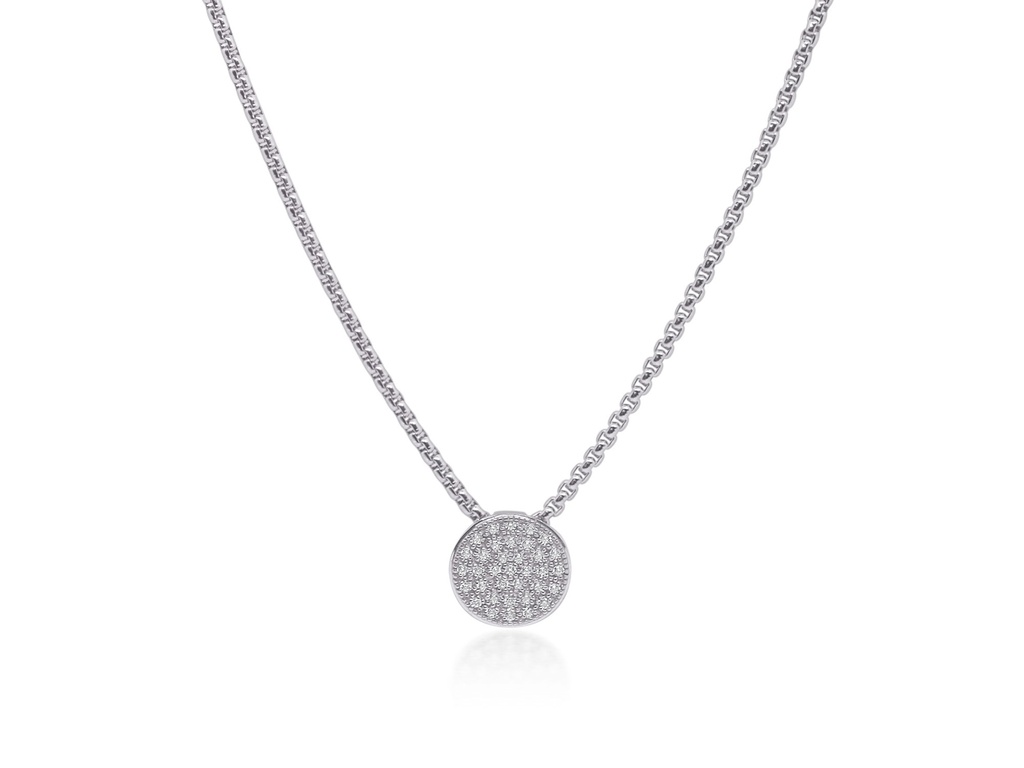 [08-32-1662-11] 14Kt White Gold Disc Pendant With 35 Round Diamonds Weighing 0.29cttw On A Grey Chain 16.5-18.5"