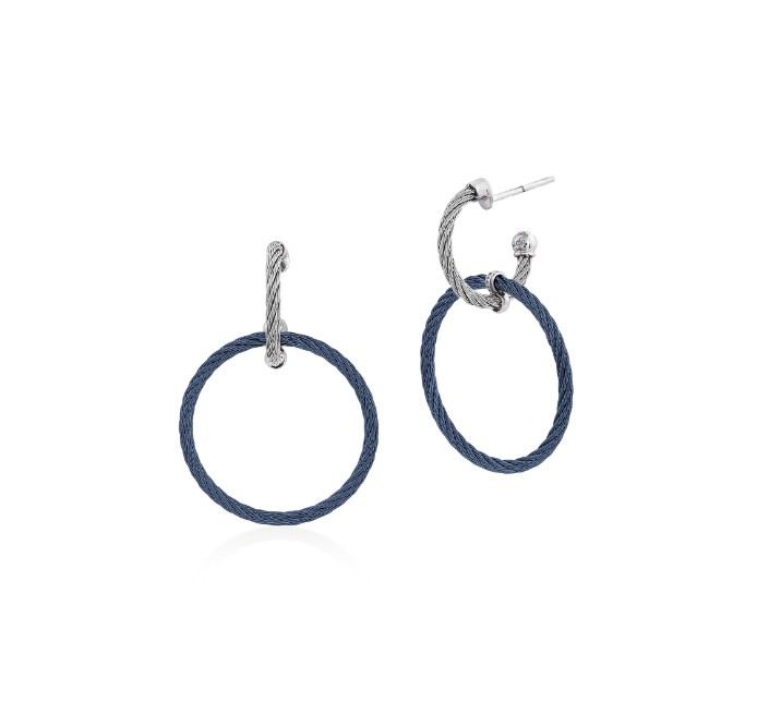 Stainless Steel Blueberry And Grey Nautical Cable Double Hoop Drop Earrings