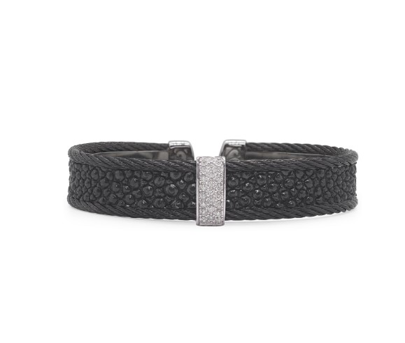 [04-52-R651-11] 18Kt White Gold Black Nautical Cable Stingray Cuff With 23 Round Diamonds Weighing 0.19cttw