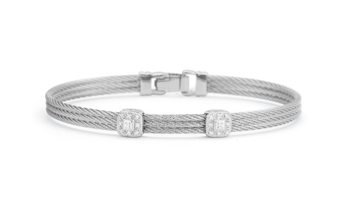 18Kt White Gold Grey Nautical Cable 3 Row Double Square Station Bracelet With 18 Round Diamonds Weighing 0.09cttw
