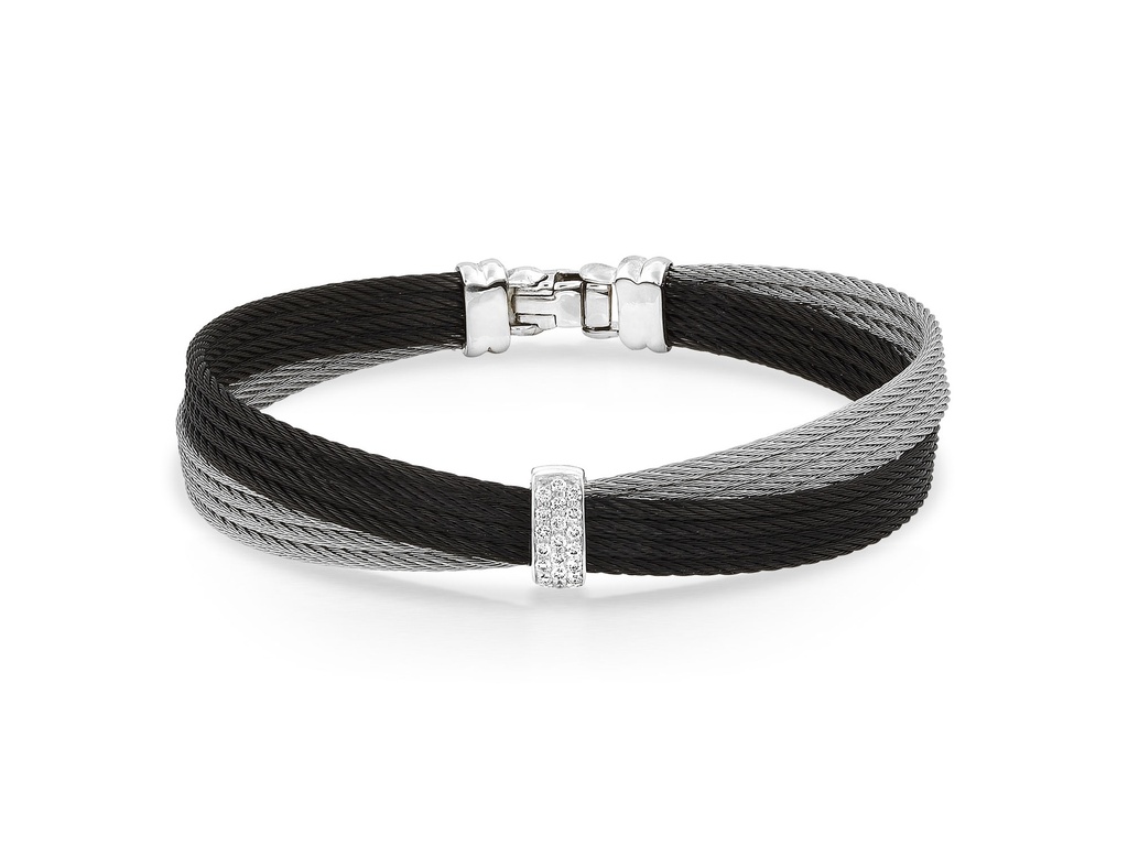 18Kt White Gold Black And Grey Nautical Cable Crossed Bracelet With 19 Round Diamonds Weighing 0.16cttw