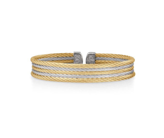 Stainless Steel Yellow And Grey Nautical Cable Five Row Cuff Bracelet