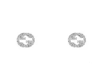 18Kt White Gold Interlocking GG Studs With 52 Round Diamonds Weighing 0.34cttw