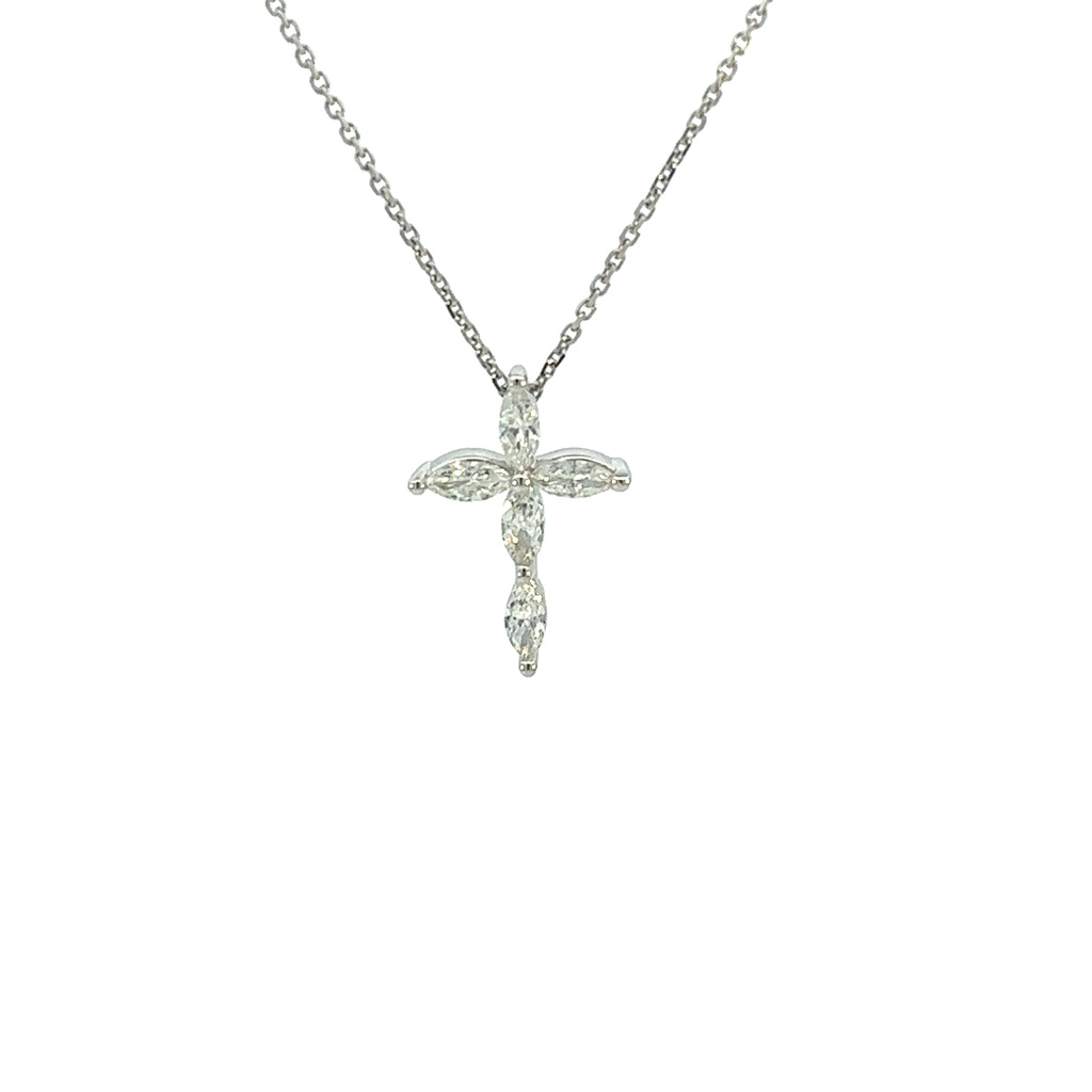 18Kt White Gold Cross Pendant Necklace With 5 Marquise Diamonds Weighing 0.58cttw