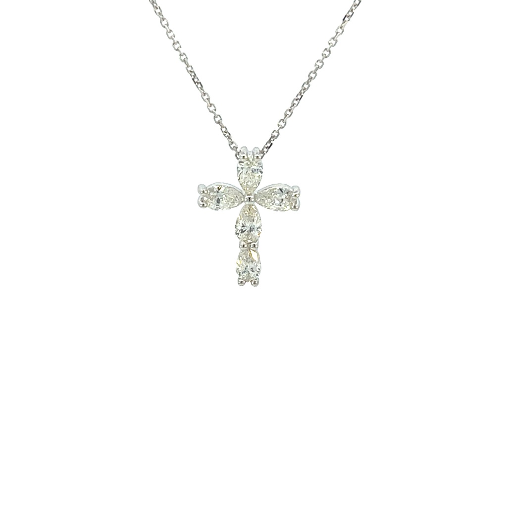 18Kt White Gold Cross Pendant Necklace With 5 Pear Shaped Diamonds Weighing 1.21cttw