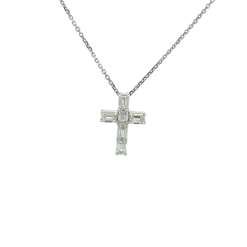 18Kt White Gold Cross Pendant Necklace With 6 Emerald Cut Diamonds Weighing 0.93cttw