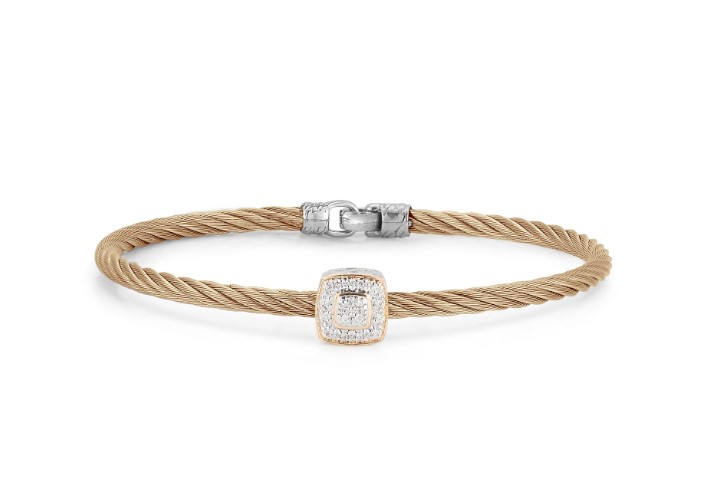 18Kt White Gold Carnation Nautical Cable Twisted Single Square Bracelet With 16 Round Diamonds Weighing 0.09cttw
