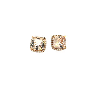 18Kt Rose Gold Stud Earrings With 8mm Cushion Morganites And 48 Round Diamonds Weighing 0.30cttw