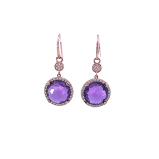 18Kt Rose Gold Dangle Earrings With 11mm Round Amethysts And 62 Round Diamonds Weighing 0.50cttw
