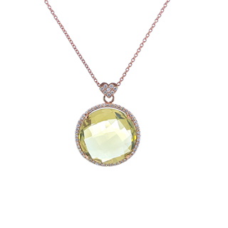 18Kt Rose Gold Necklace With A 20mm Round Lemon Quartz And 59 Round Diamonds Weighing 0.47cttw