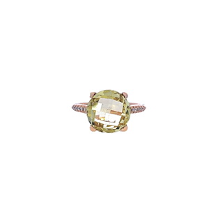 18Kt Rose Gold Ring With A 11mm Round Lemon Quartz And 14 Round Diamonds Weighing 0.14cttw