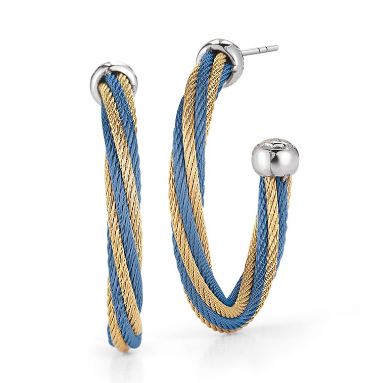 18Kt White Gold Island Blue And Yellow Nautical Cable Twisted Hoop Earrings