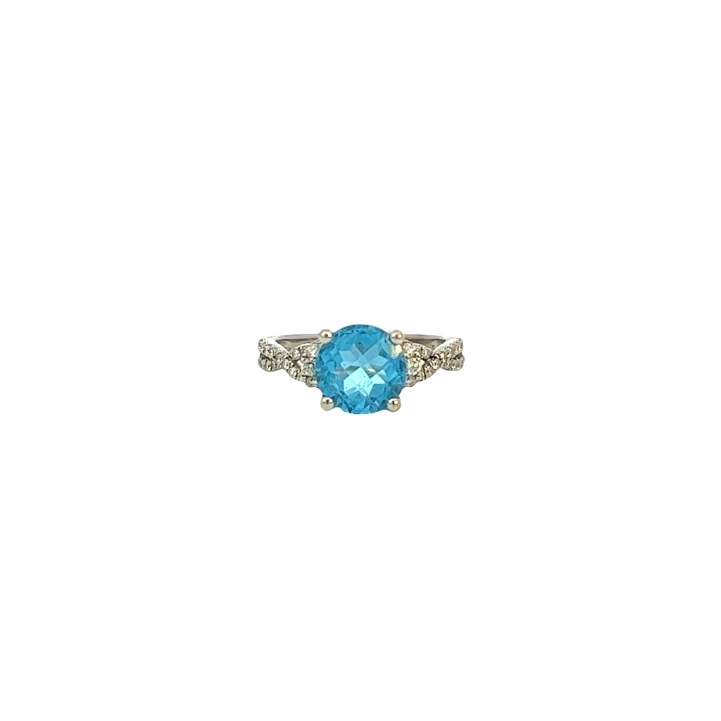 14Kt White Gold Ring With A Round Blue Topaz Weighing 2.62ct And 42 Round Diamonds Weighing 0.29cttw