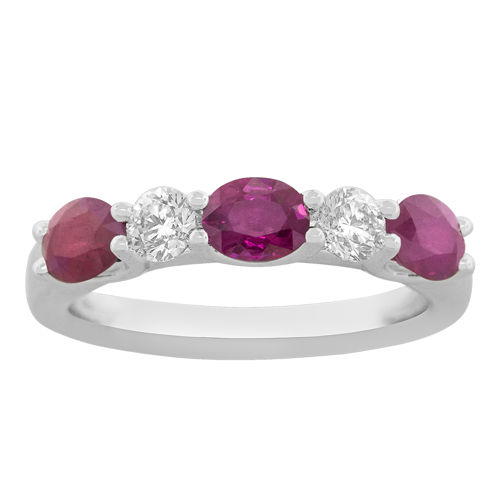 18Kt White Gold Five Stone Ring With (3) Oval Rubies Weighing 1.50ct And (2) Round Diamonds Weighing 0.30ct