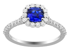 18Kt White Gold Ring With A Cushion Cut Sapphire Weighing 0.60ct And (30) Round Diamonds Weighing 0.37ct