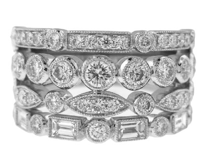 18Kt White Gold Vintage Four Row Band With 43 Round Diamonds Weighing 1.14ct And 4 Baguette Diamonds Weighing 0.36ct