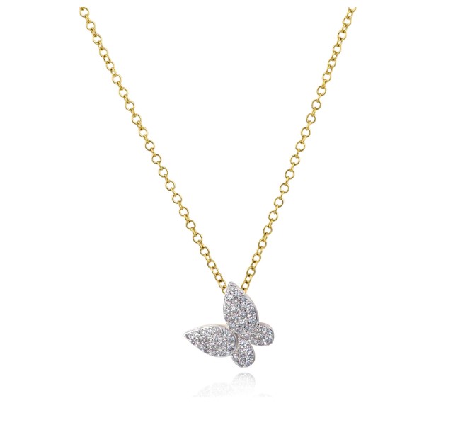 14Kt Yellow Gold Symphony Butterfly Pendant Necklace With (54) Round Diamonds Weighing 0.21cttw