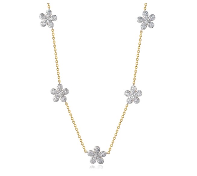 [N2604DY] 14Kt Yellow Gold Symphony Flower Station Necklace With (230) Round Diamonds Weighing 1.16cttw