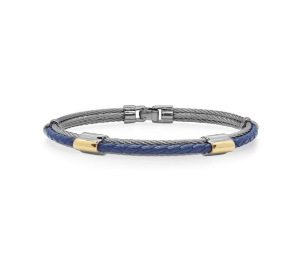 Stainless Steel Grey Nautical Cable And Blue Leather Double Station Bracelet