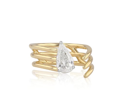 Platinum And 18Kt Yellow Gold Angled Cage Ring With A Pear Shaped Diamond Weighing 1.01ct