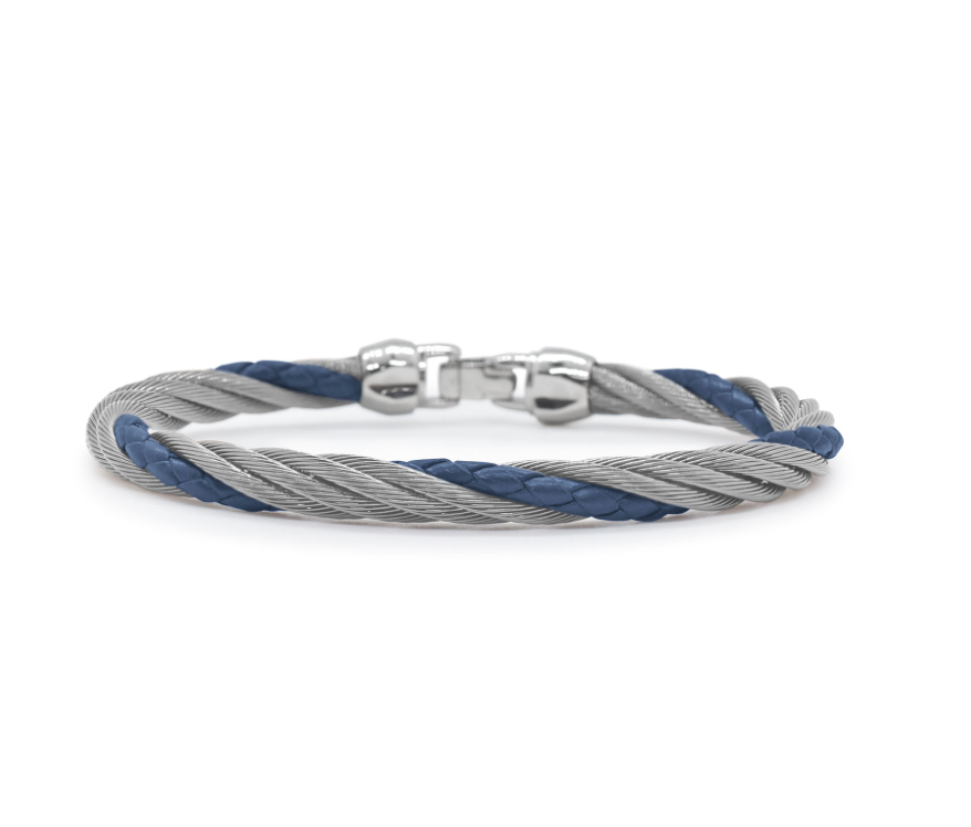 Men's Stainless Steel Grey Nautical Cable And Blue Leather Twisted Bracelet