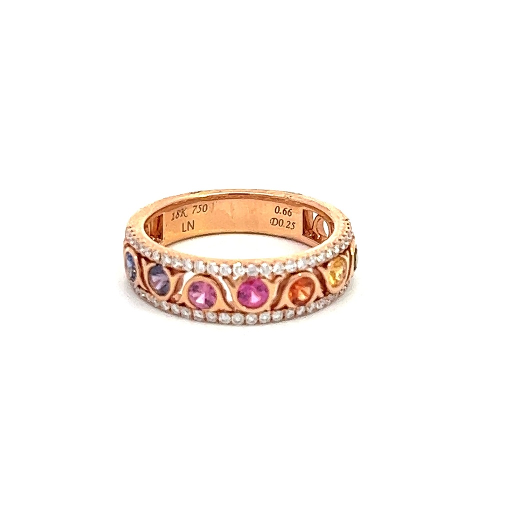 18Kt Rose Gold Band With (7) Rainbow Sapphires Weighing 0.66ct And (58) Round Diamonds Weighing 0.26cttw