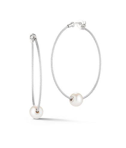 18Kt White Gold Grey Nautical Cable Hoop Earrings With A Freshwater Pearl