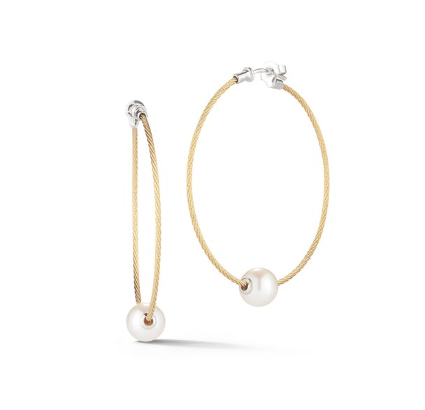 18Kt White Gold Yellow Nautical Cable Hoop Earrings With Fresh Water Pearl