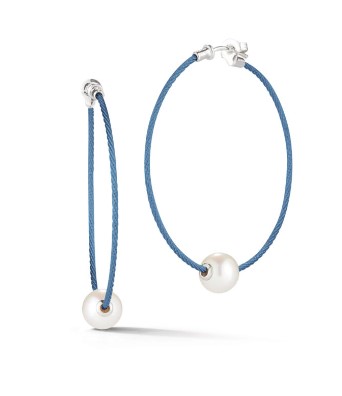 18Kt White Gold Island Blue Nautical Cable Hoop Earrings With (2) Freshwater Pearls