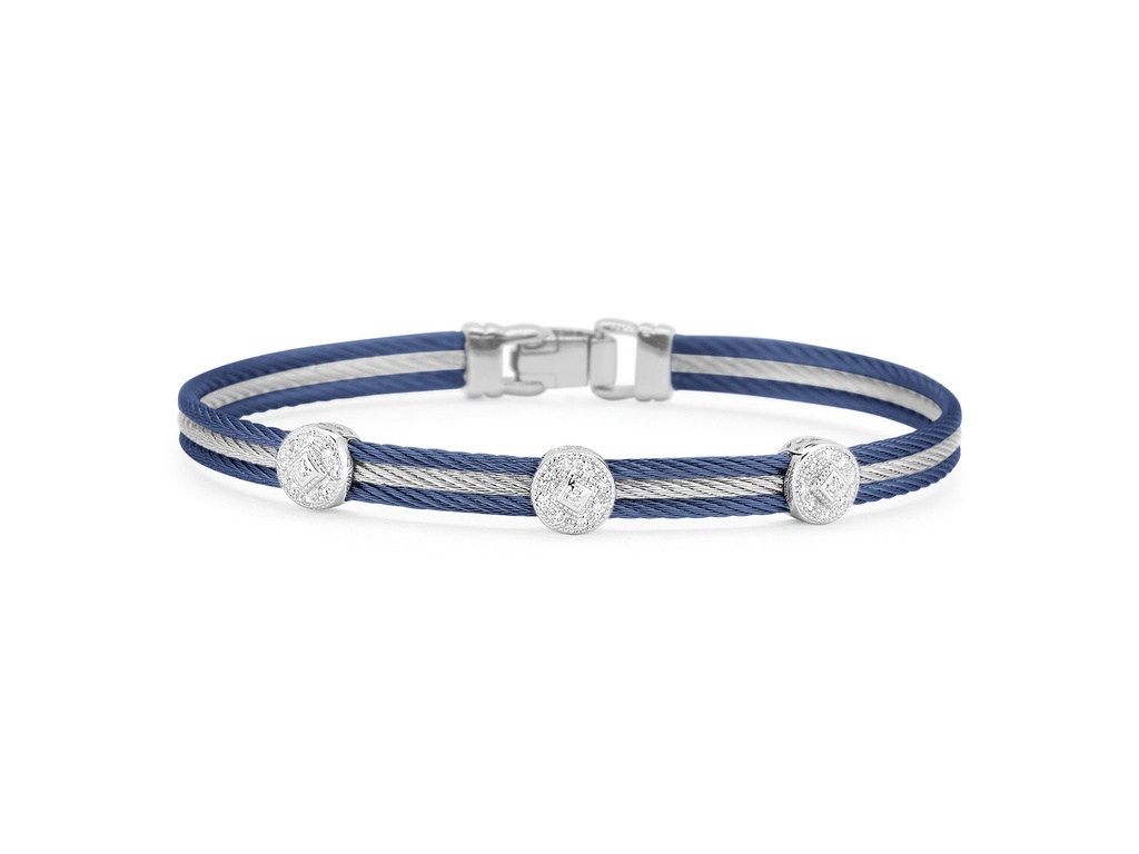 White Gold Grey And Blueberry Nautical Cable Three Square Station Bracelet With (27) Round Diamonds Weighing 0.14cttw