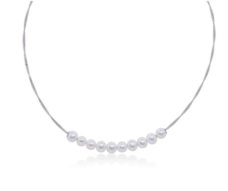 [08-32-P901-01] Stainless Steel Grey Nautical Cable Necklace With 10 Freshwater Pearls