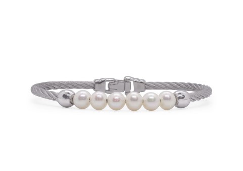 Stainless Steel Grey Nautical Cable Bracelet With 6 Freshwater Pearls