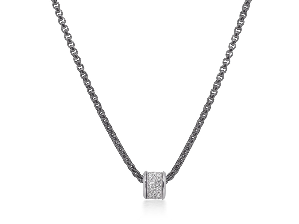 14Kt White Gold Barrel Pendant Necklace With Round Diamonds Weighing 0.33cttw On A Black Chain