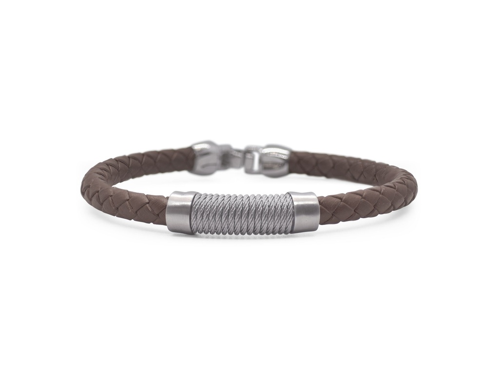 Stainless Steel Grey Nautical Cable Brown Leather Men's Bracelet