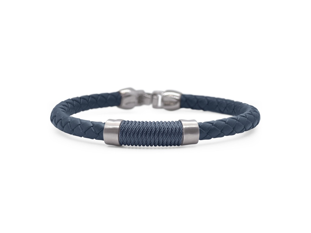 Stainless Steel Blueberry Nautical Cable Blue Leather Men's Bracelet