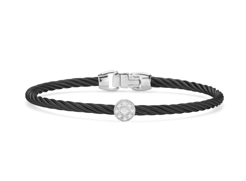 18Kt White Gold Black Twisted Nautical Cable Single Circle Station Bracelet With (9) Round Diamonds Weighing 0.05cttw