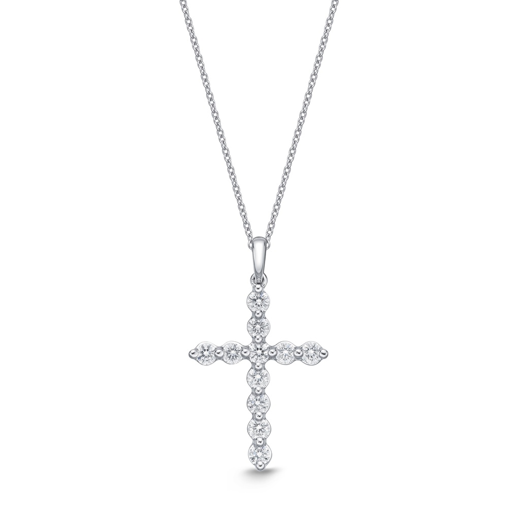 18Kt White Gold Cross Necklace With (11) Round Diamonds Weighing 0.57cttw