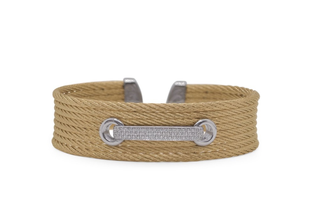 [04-37-6832-11] 18Kt White Gold Yellow Nautical Cable Cuff Bracelet With (66) Round Diamonds Weighing 0.53cttw