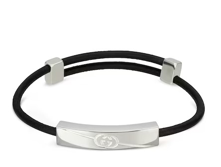 Sterling Silver Interlocking GG Black Leather Tag Bracelet
